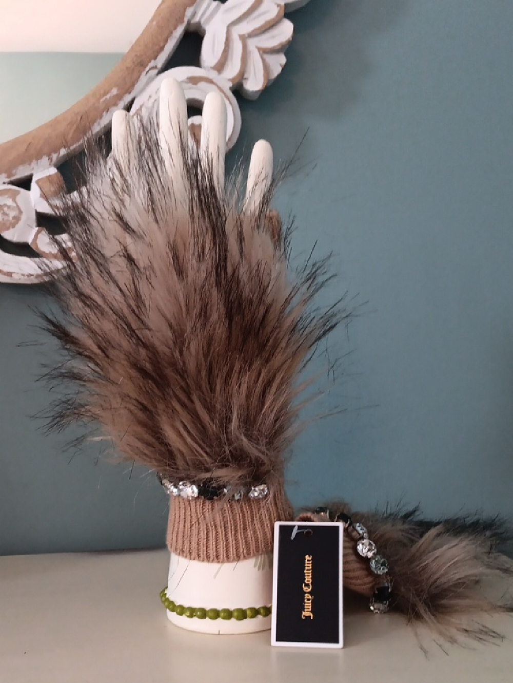 & Juicy Couture Brown Faux Fur Fingerless Gloves Handwarmers with Crystal Trim